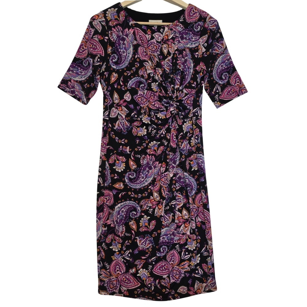 Laura Paisley Floral Knot Front Sheath Dress Purple Pink Black Size 10